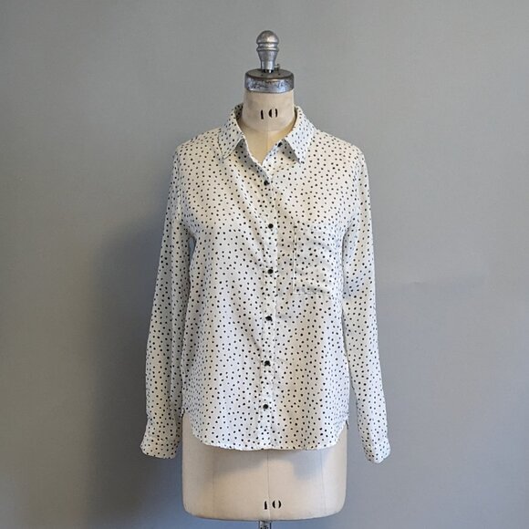 White Button Up Blouse with Irregular Black Polka Dot Pattern Geometric Small - Picture 1 of 6